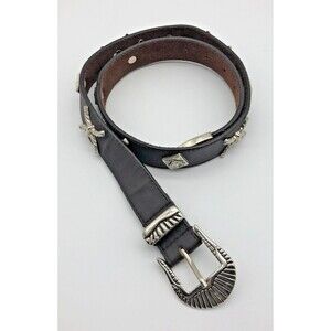 VINTAGE Western Womens Leather Belt Size 32 M/L Brown Silver Conchos Tipped